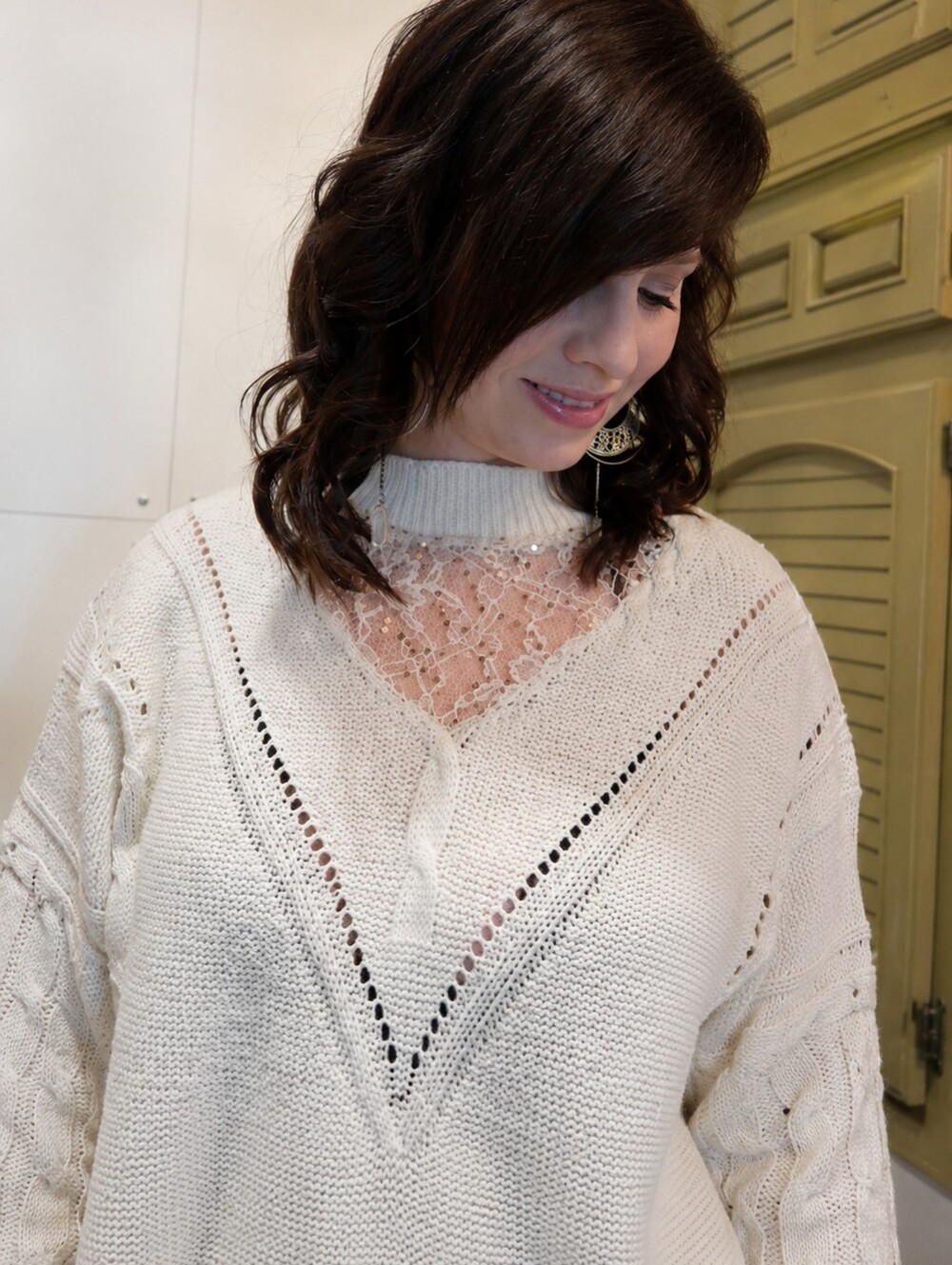 NWT Boutique Cream Cable Knit Lace Sequin Oversized Sweater S/M Boho Cozy